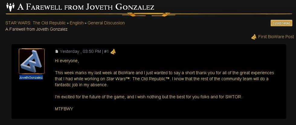 Joveth Gonzalez leaves BioWare