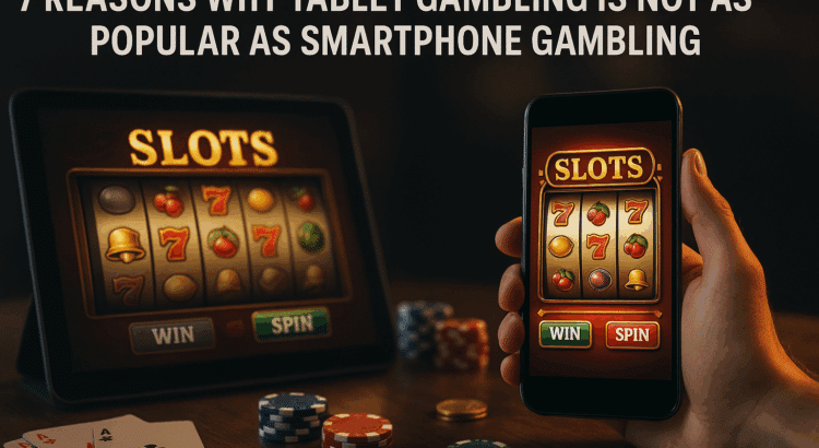 Tablet and smartphone displaying slot games side by side with casino chips and cards