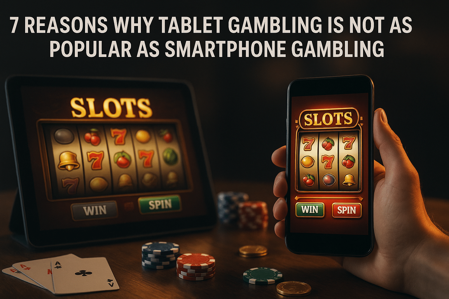 Tablet and smartphone displaying slot games side by side with casino chips and cards