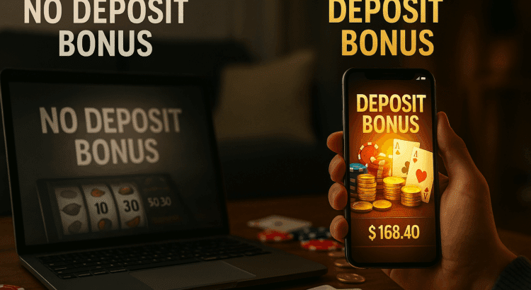 Laptop showing no deposit bonus compared to smartphone with glowing deposit bonus and casino winnings