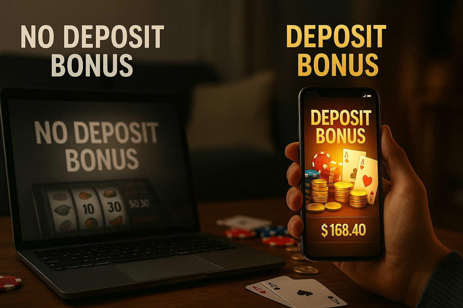 Laptop showing no deposit bonus compared to smartphone with glowing deposit bonus and casino winnings