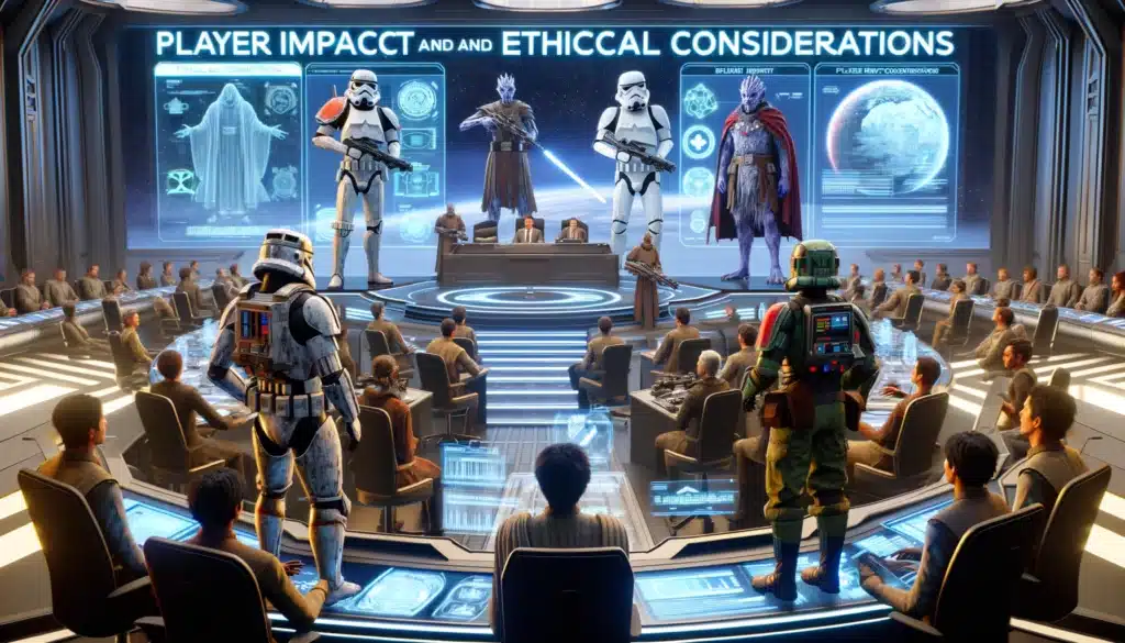  a virtual assembly set in a futuristic environment, highlighting the importance of ethical considerations in gaming, with characters engaged in discussions, including those dressed in armor similar to stormtroopers and others resembling rebel fighters.