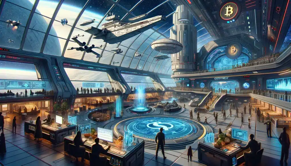 a futuristic financial center or marketplace set within a sci-fi environment, highlighting the growing influence of cryptocurrency in futuristic settings, with iconic spacecraft like X-wings and a large starship resembling a Star Destroyer visible in the background.