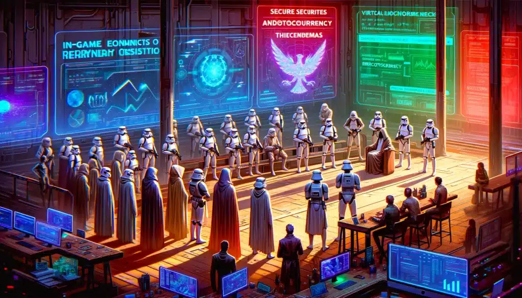 characters dressed as stormtroopers or resembling droidekas, set in a futuristic gaming world. The scene conveys a sense of closure and comprehensive understanding of the article's topics, with a stronger emphasis on the impact and influence of advanced technology and security within the gaming world.