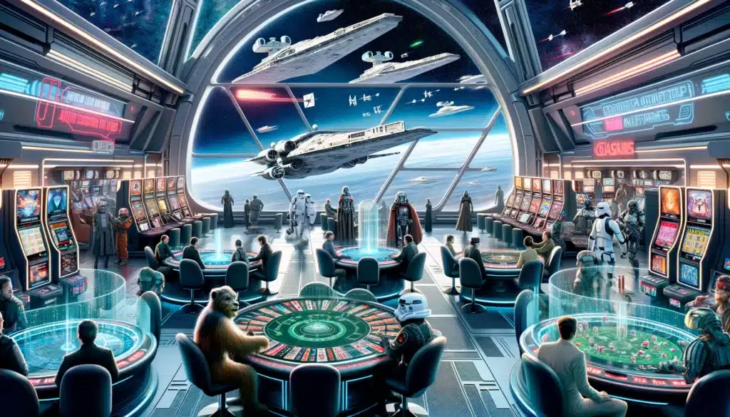  a futuristic casino setting inside a spacecraft, blending elements of sci-fi gaming with gambling, and features views of space with ships like X-wings and a large starship resembling a Star Destroyer in the background.
