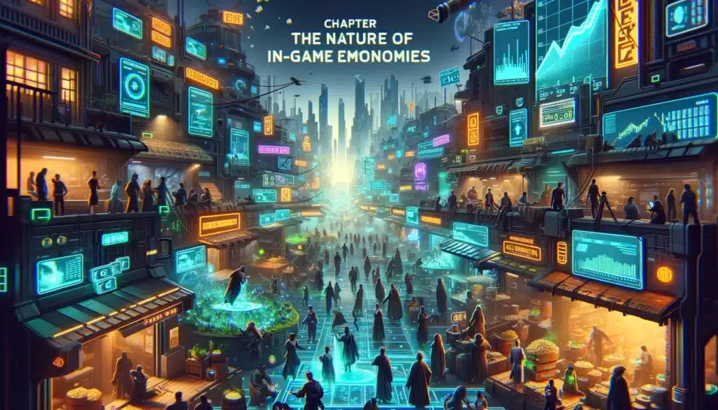 a bustling virtual marketplace within a sci-fi gaming world, highlighting the complex and dynamic nature of in-game economies.