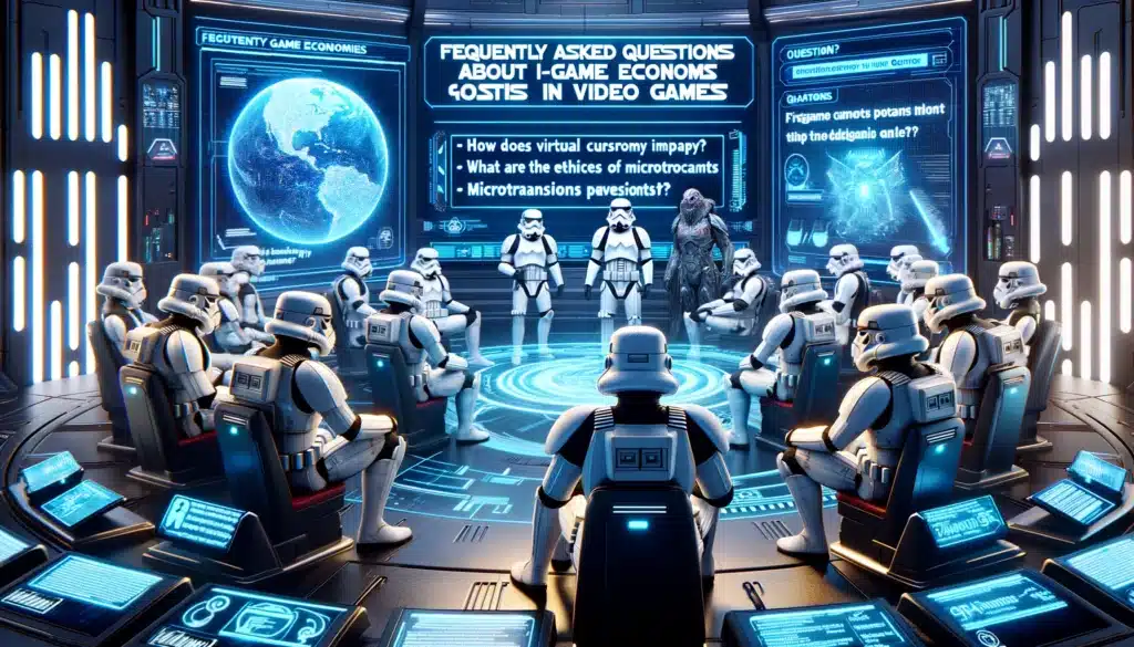  a futuristic Q&A session with characters resembling stormtroopers, surrounded by holographic displays featuring questions and answers about in-game economies. The image also includes the text "Frequently Asked Questions about In-Game Economies in Video Games" prominently displayed.