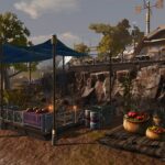 Outdoor market stall with food and futuristic structures.