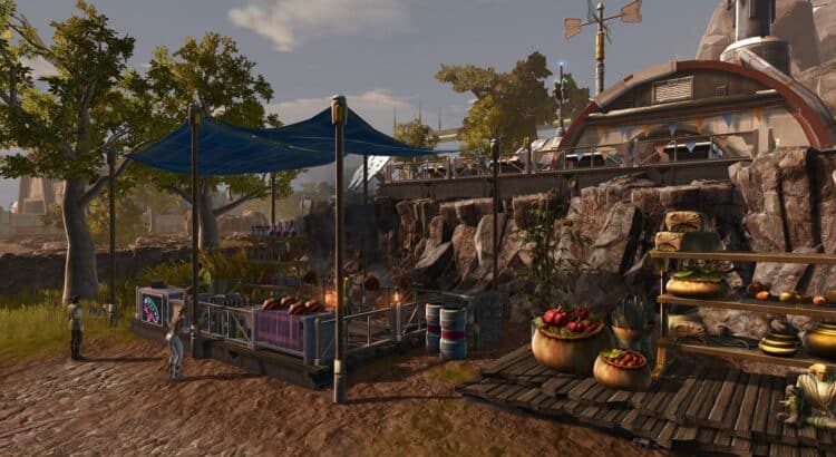 Outdoor market stall with food and futuristic structures.