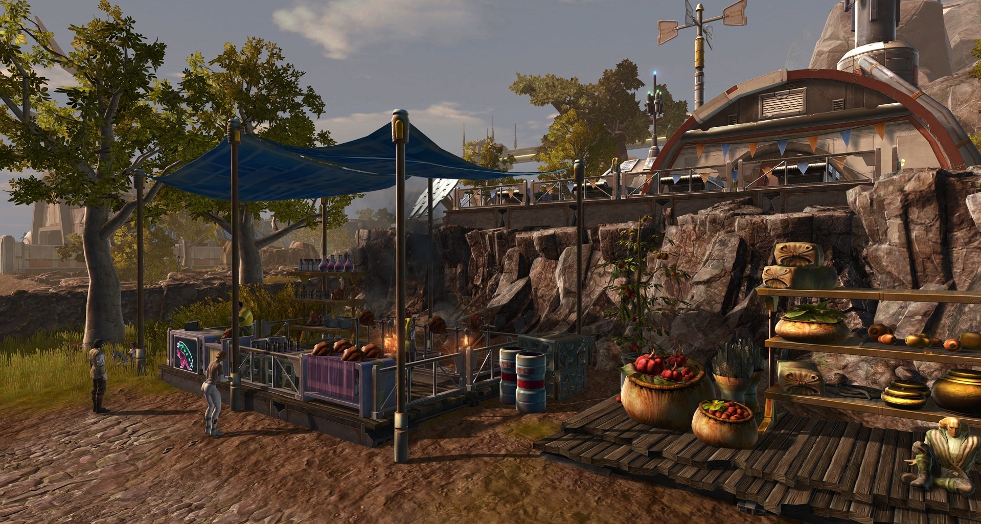 Outdoor market stall with food and futuristic structures.