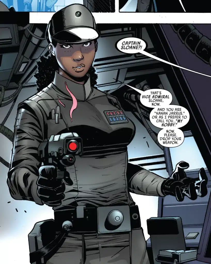 Captain Sloane in uniform holding blaster in spaceship.