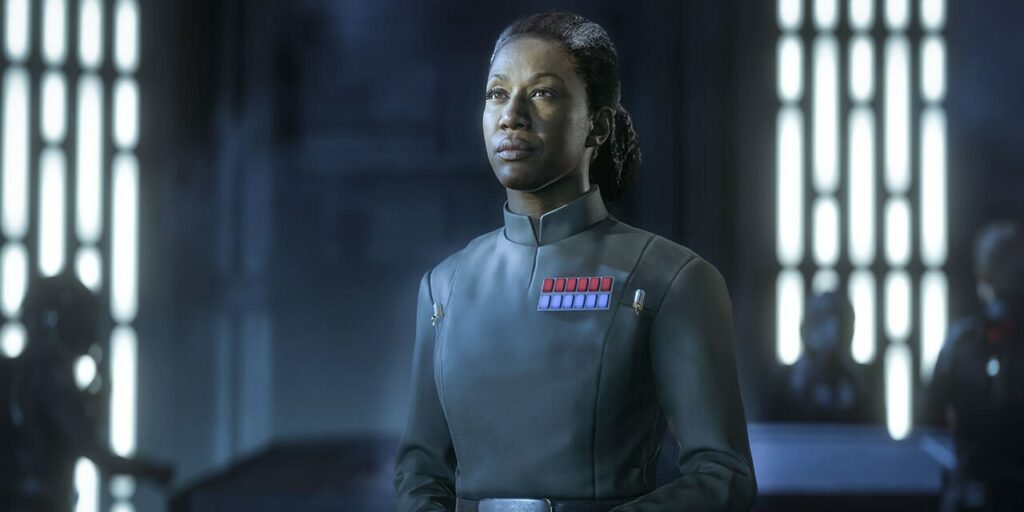 Woman in futuristic military uniform in sci-fi setting.