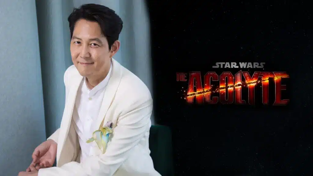 Man in white suit; Star Wars: The Acolyte logo background.
