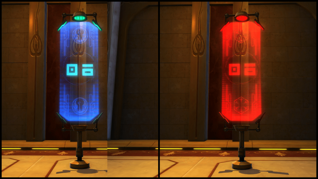 Blue and red holographic displays in futuristic setting.