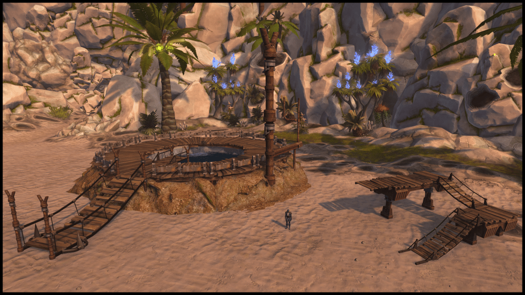 Desert oasis with palm trees and wooden structures.