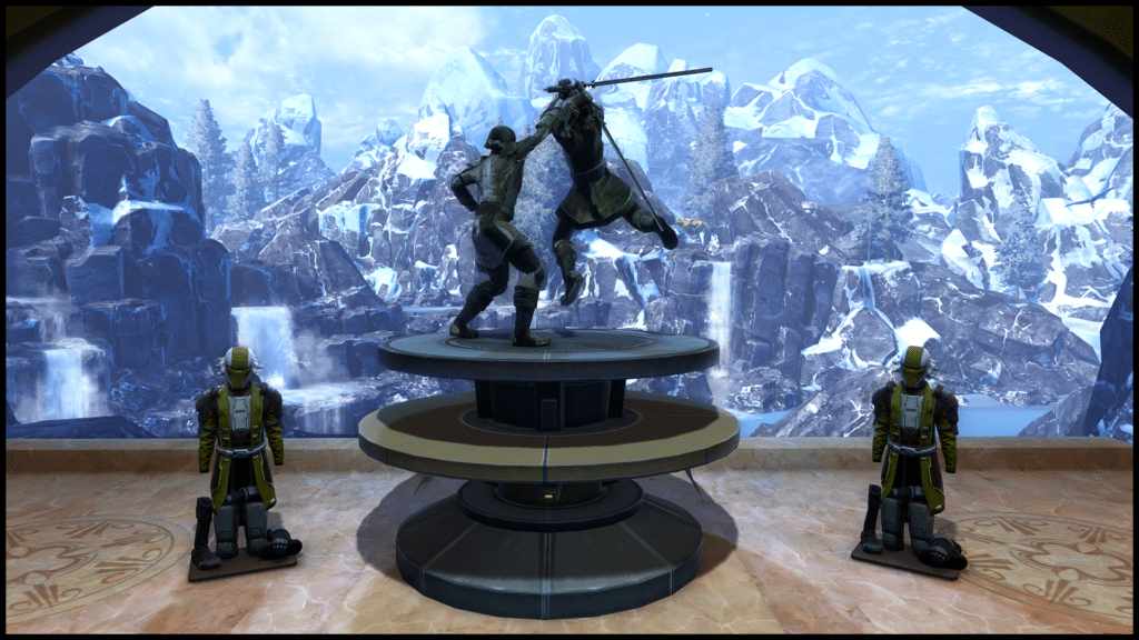 Statue of warriors dueling in icy mountain landscape.