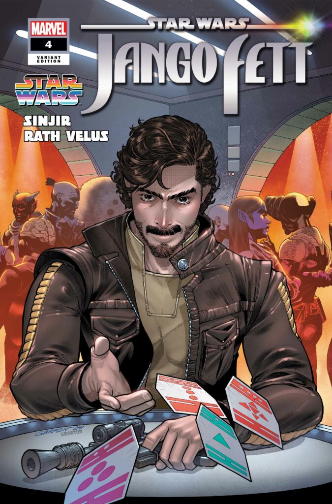 Comic cover with intense man playing futuristic card game.