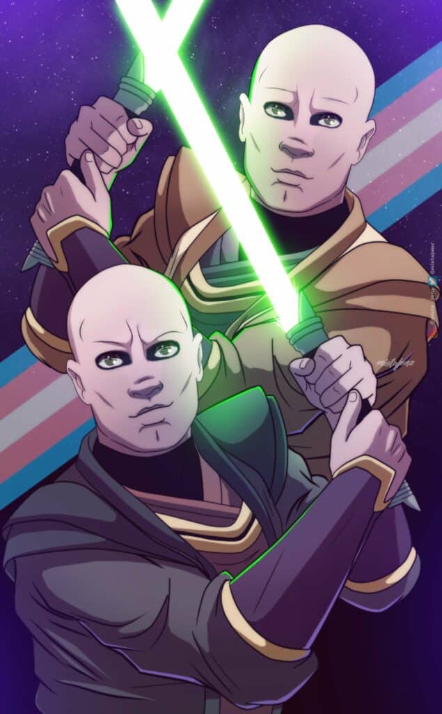 Two bald warriors wielding a glowing green lightsaber.