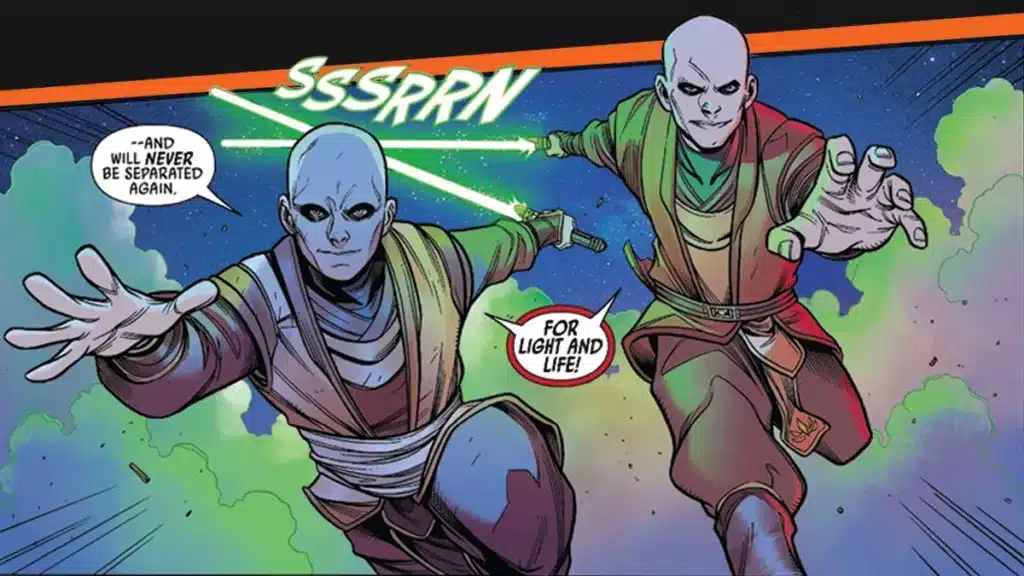 Bald twin superheroes flying and casting spells in space.