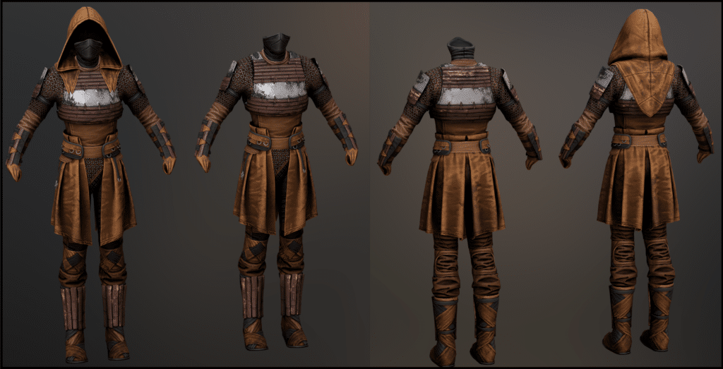 Medieval fantasy armor design, front and back views.