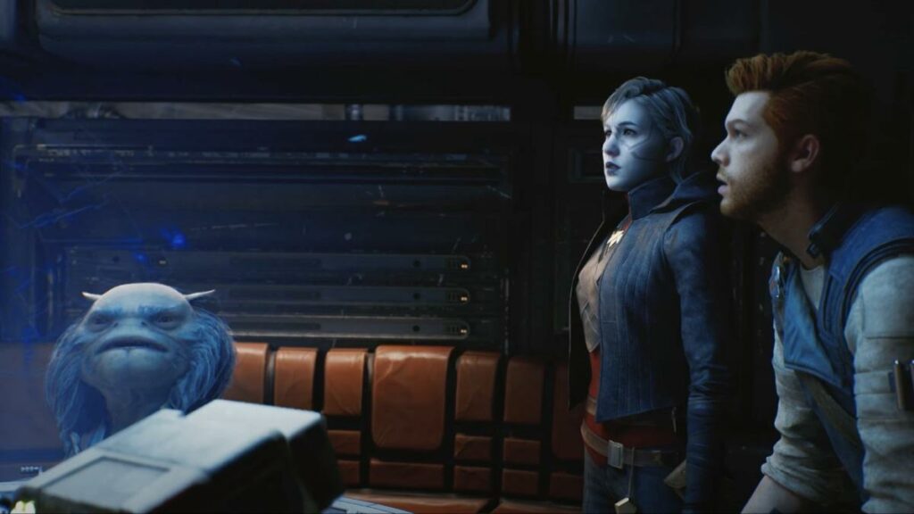Three characters strategizing in a futuristic spaceship cockpit.
