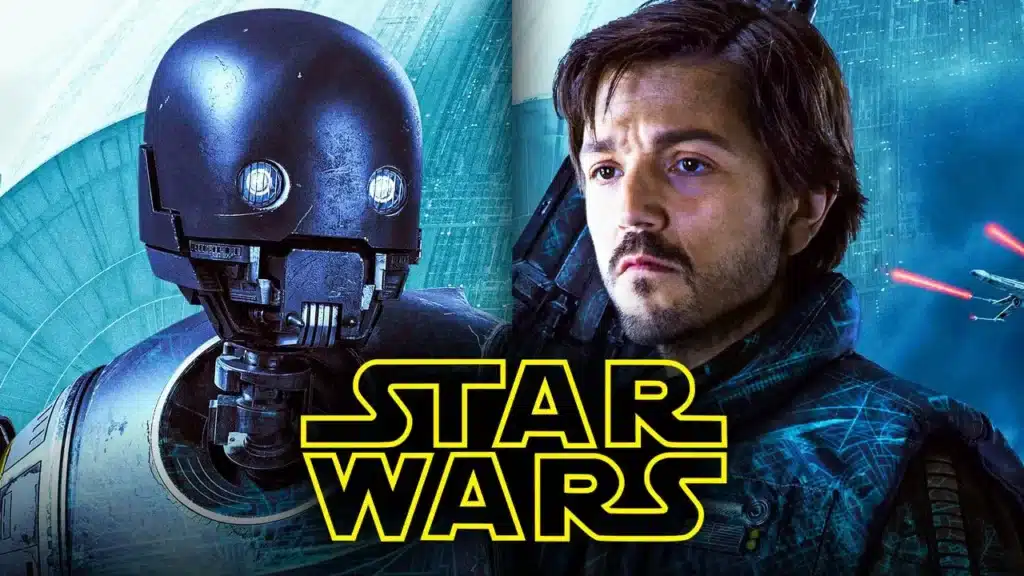 Promotional image for Star Wars featuring Cassian Andor and the droid K-2SO with the Star Wars logo in the foreground.