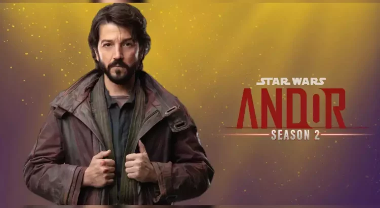 Poster for Star Wars: Andor Season 2 featuring Diego Luna as Cassian Andor. He is dressed in rugged clothing with a serious expression, set against a gradient background of yellow and purple with the series title and season number prominently displayed.