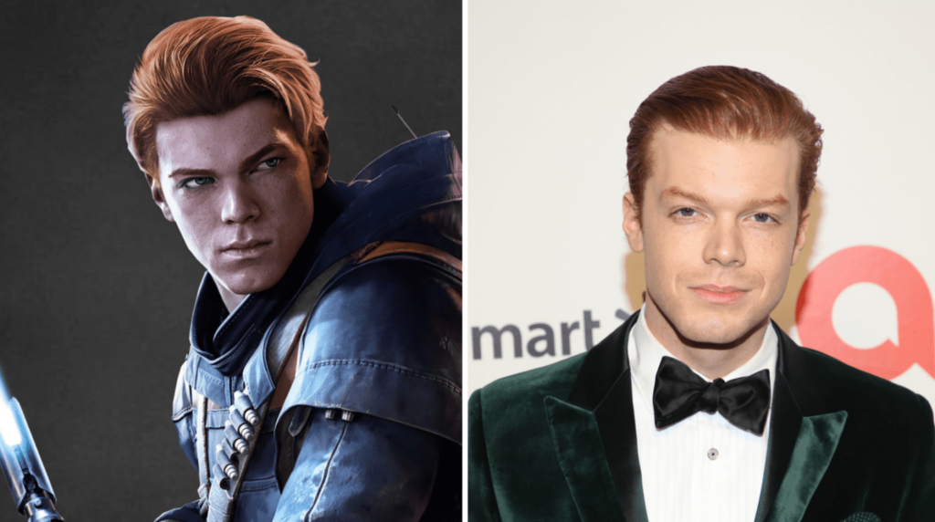 A split image featuring Cameron Monaghan on one side and his character Cal Kestis on the other, highlighting the transformation from actor to Jedi Knight in Star Wars Jedi: Fallen Order.