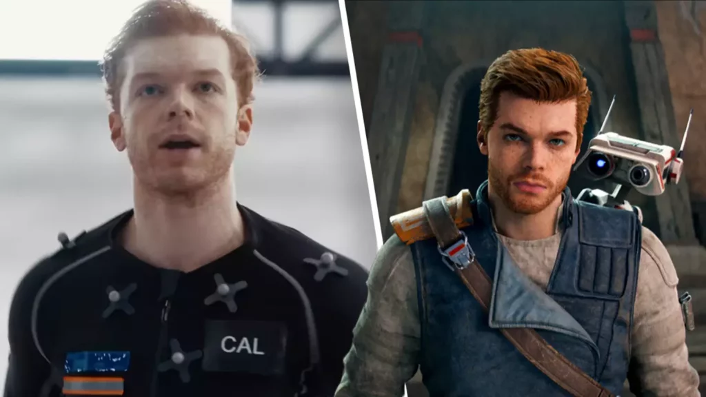 Cameron Monaghan in a motion capture suit, performing movements and expressions to bring Cal Kestis to life in the game development studio.