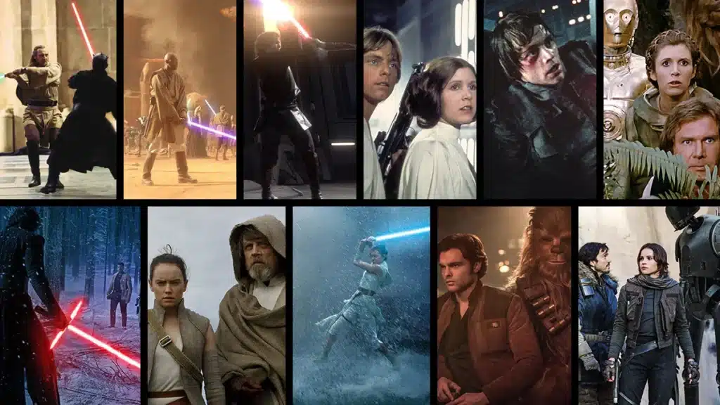 Iconic Star Wars movie scenes collage.