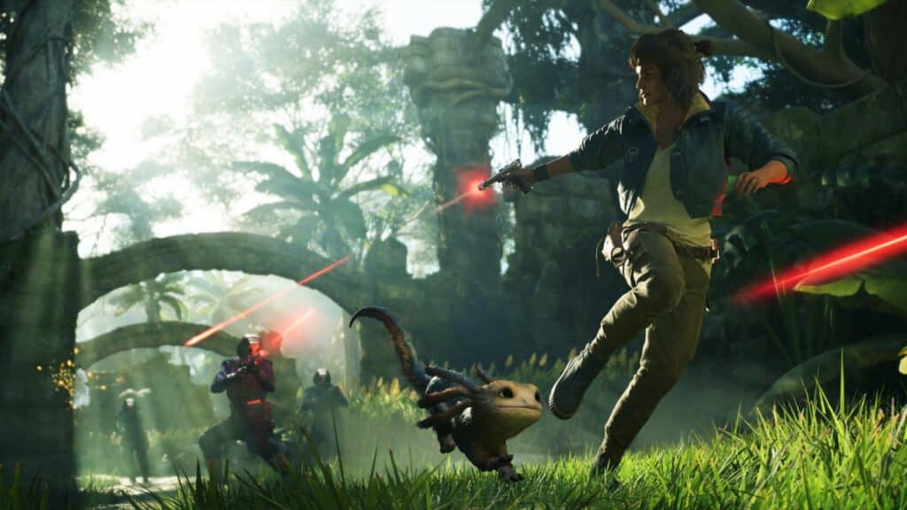 Woman and creature dodge lasers in lush jungle setting.