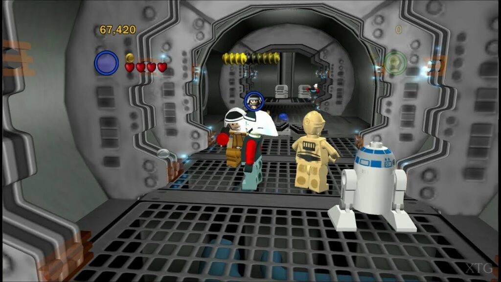 LEGO characters in spaceship corridor scene.