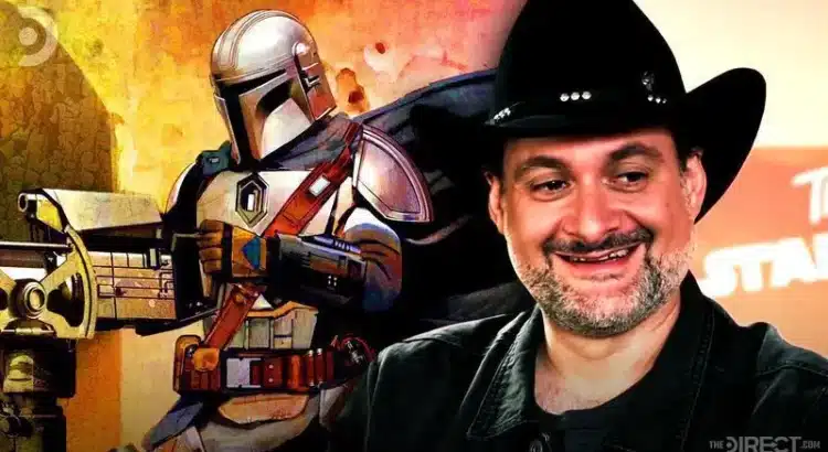 Man in cowboy hat with Mandalorian artwork background.