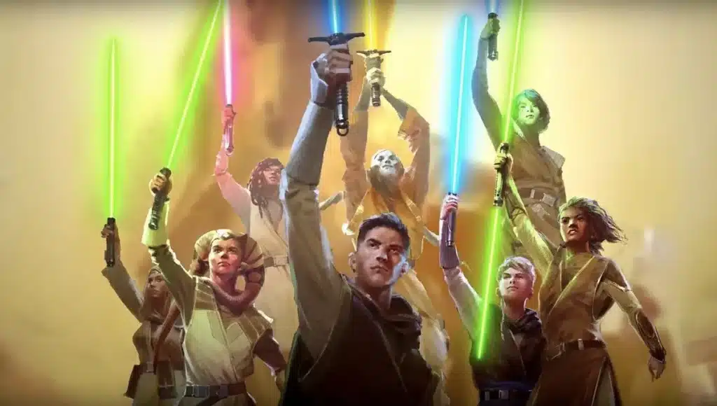 Diverse Jedi with lightsabers ready for battle