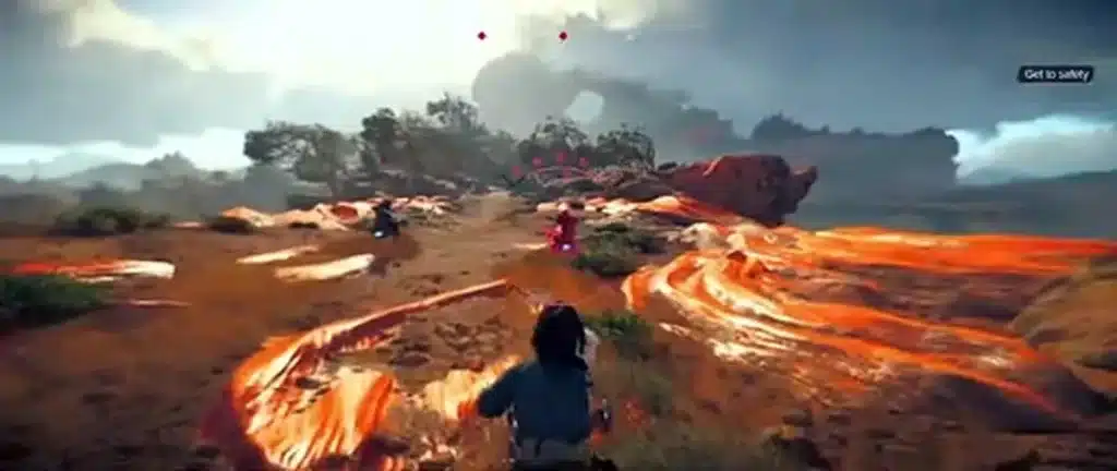 Character escaping fiery, volcanic landscape in video game.