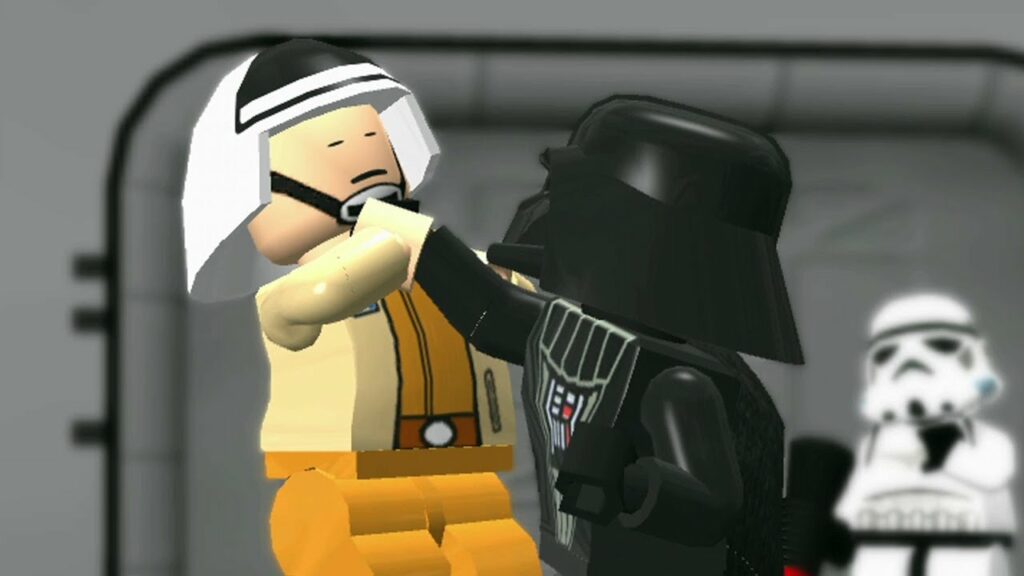 Lego Darth Vader confronting a Lego rebel pilot.
