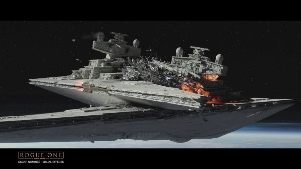 Damaged spaceship floating in space, Rogue One visual effects.