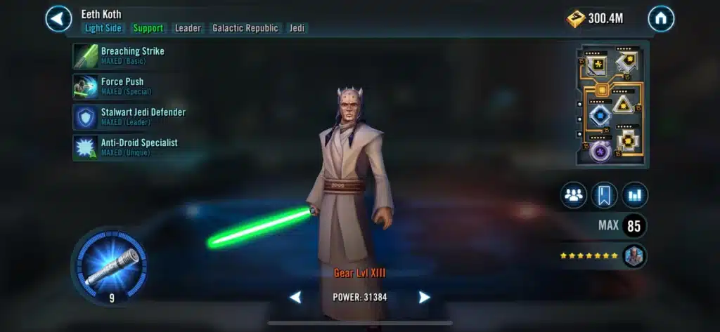 Eeth Koth Jedi character with lightsaber in game interface.