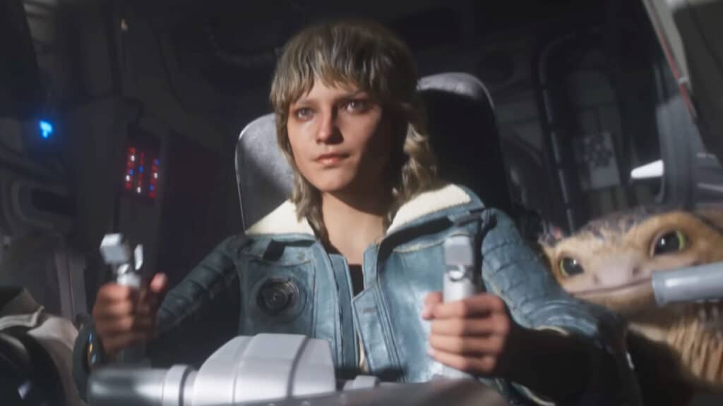 Young female pilot and alien in spaceship cockpit.