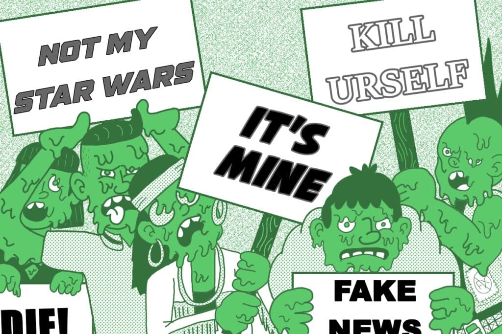 Cartoon trolls holding aggressive message signs in green tones.