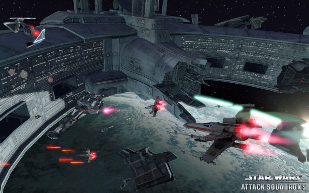 A screenshot from the closed beta of 'Star Wars: Attack Squadrons,' highlighting the game's competitive modes, including Free For All, Team Dogfight, and Base Defense.