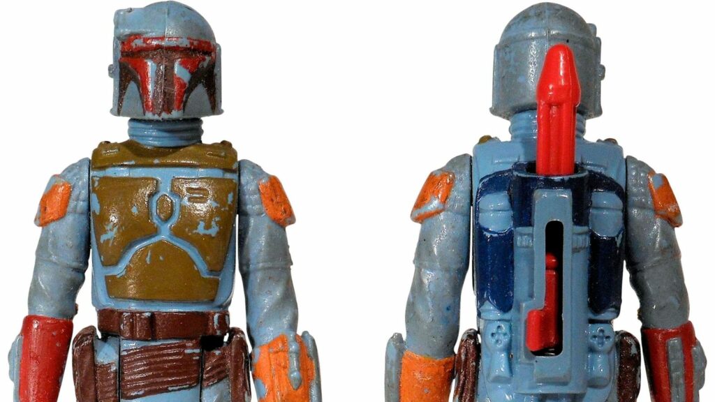 Vintage Boba Fett action figures, front and back view.