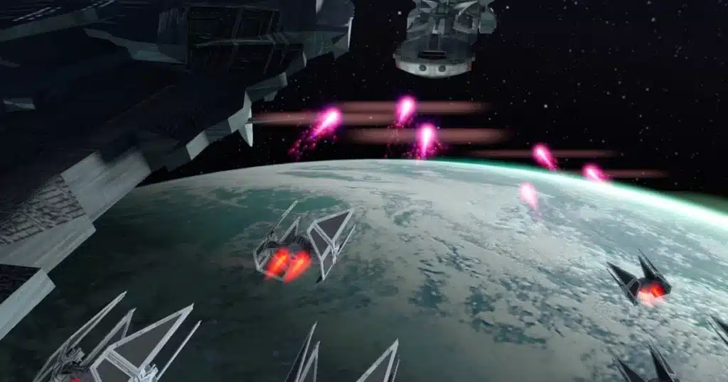 Epic space battle from 'Star Wars: Attack Squadrons' with X-Wings and TIE Fighters in iconic locations.