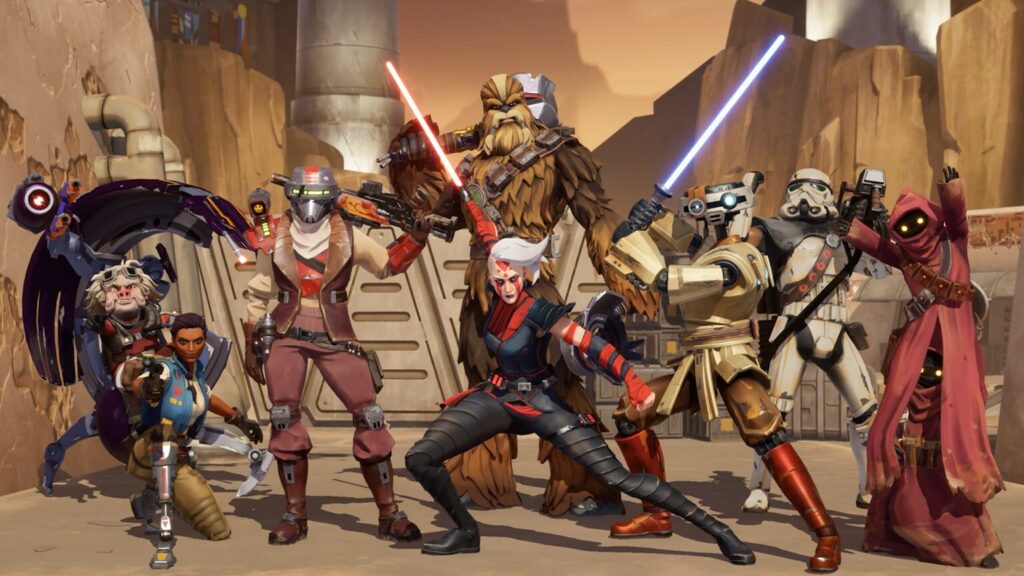 Diverse characters battle with lightsabers in a desert setting.