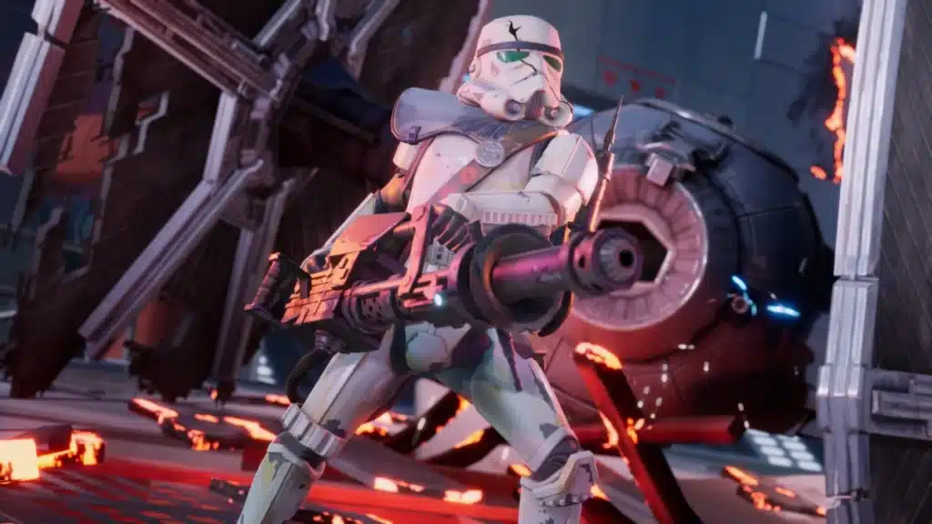 Clone trooper with heavy blaster in battle scene.