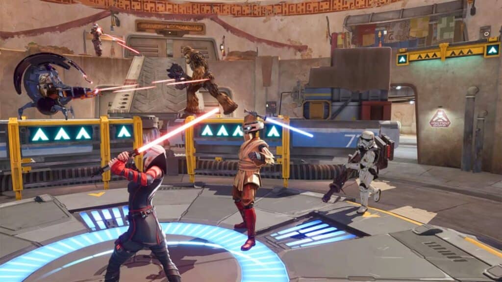Characters battling with lightsabers in futuristic game scene.