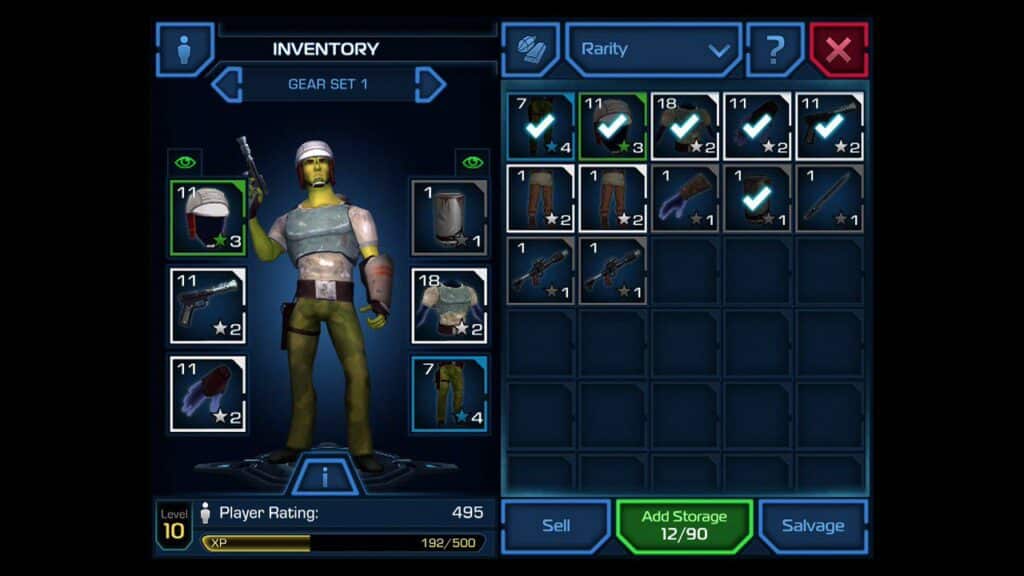 Video game character with equipped inventory screen.