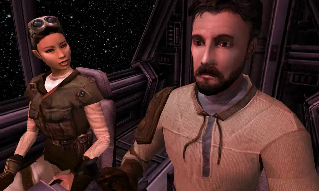 Two characters in spaceship cockpit, staring intently.