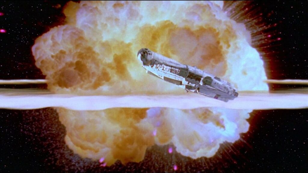 Spaceship escaping massive explosion in space.