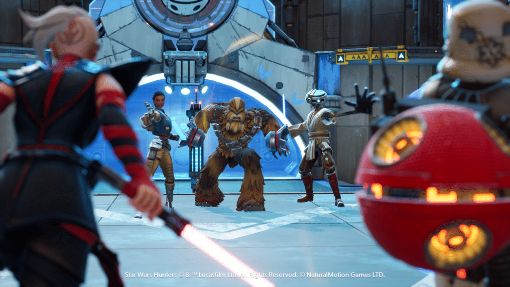 Star Wars characters in action-packed video game scene.